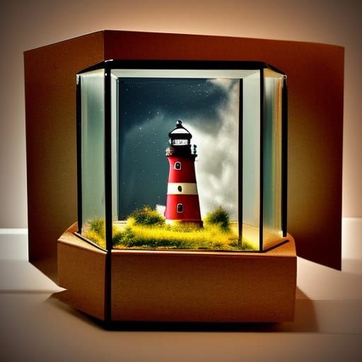 Lighthouse Diorama in Stormy Seas: Ethereal Glassbox Art