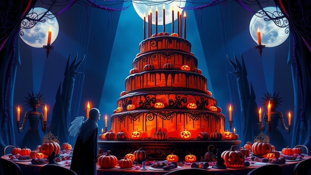 Gothic Birthday Cake with Orange Fondant & Spooky Details