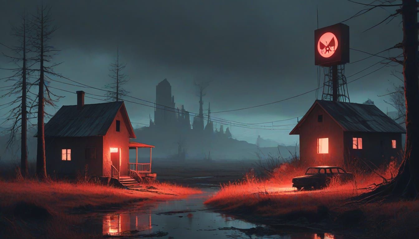 Eerie, Surrealist Landscape in Black and White Pixel Art