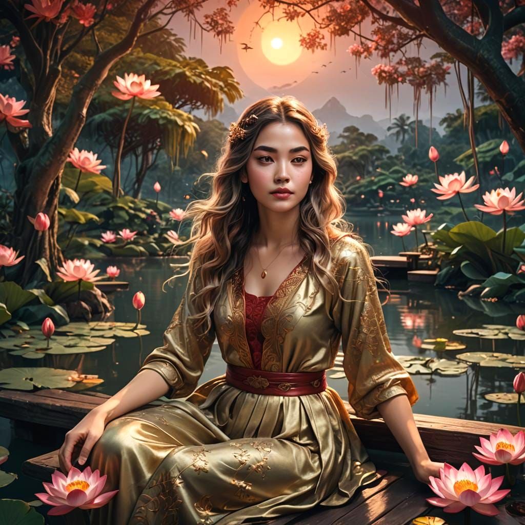 Beautiful Young Woman in Moonlight by Lake