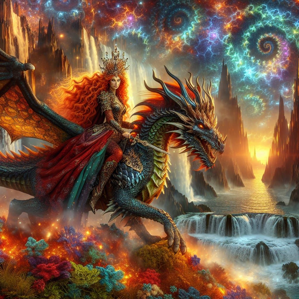 Princess Warrior on Dragon near Magical Waterfall