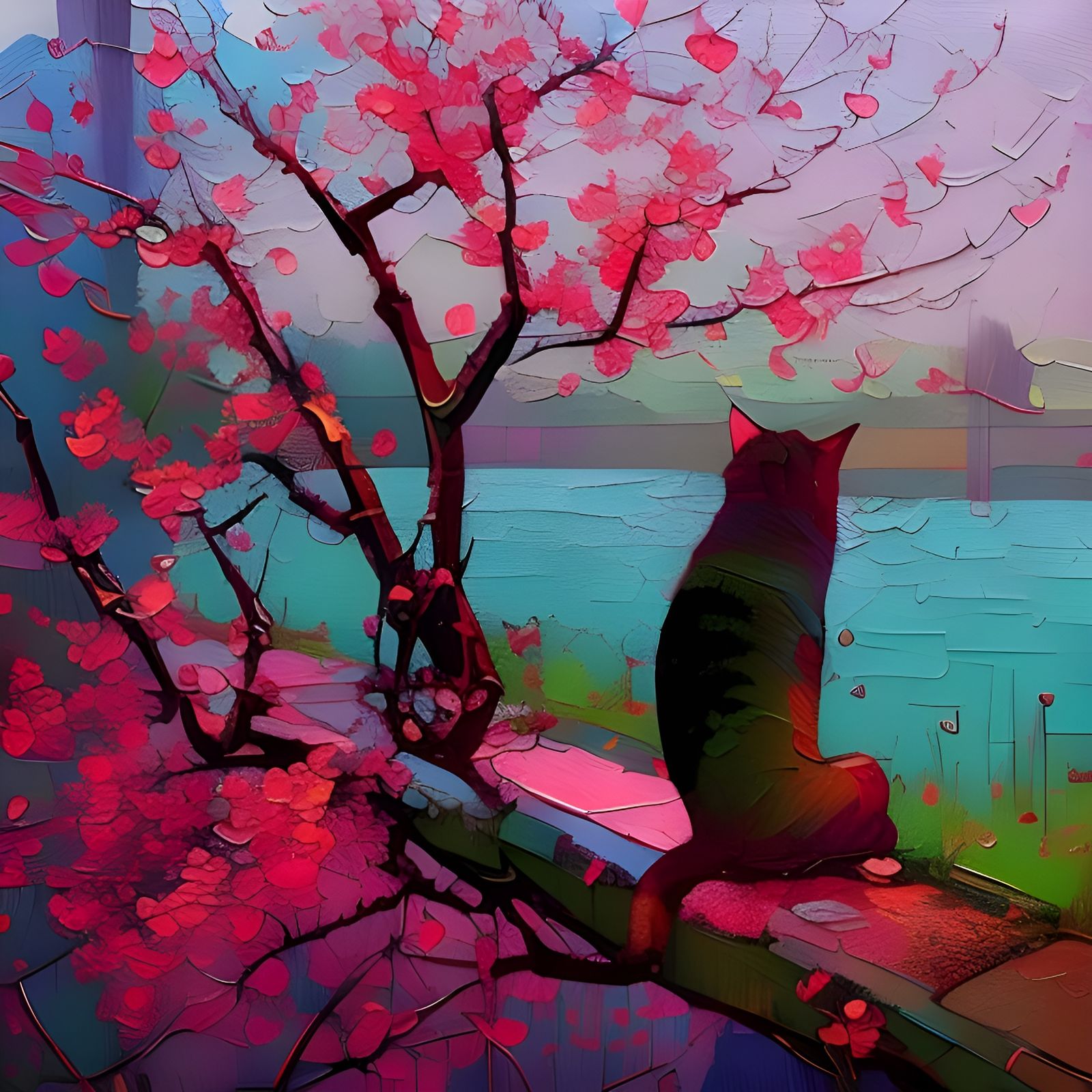 Cat and Cherry Blossom Impasto Painting