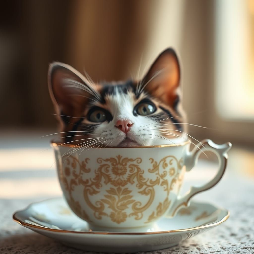 Curious Cat in Teacup, Soft Natural Light