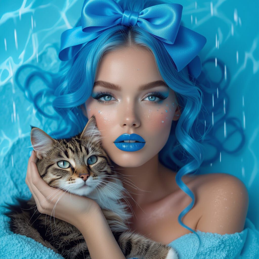 Surreal Portrait of a Woman with Blue Hair and Cat