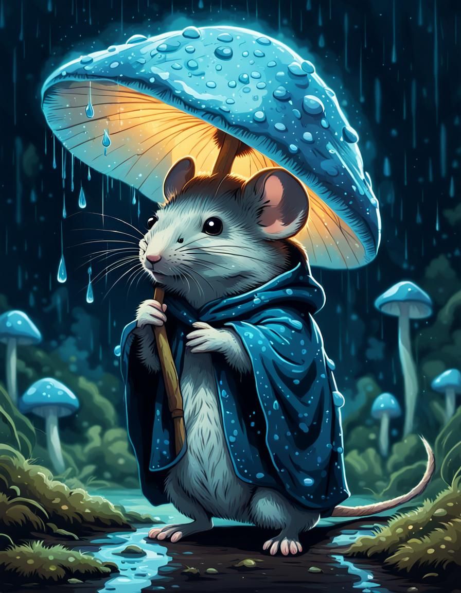 Mouse Under Bioluminescent Mushroom in Art Nouveau Style