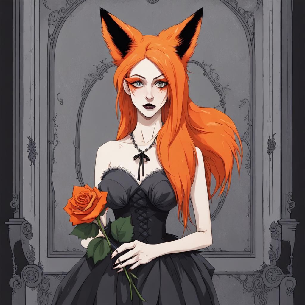 Fox-Eared Woman with Rose in Tim Burton Style