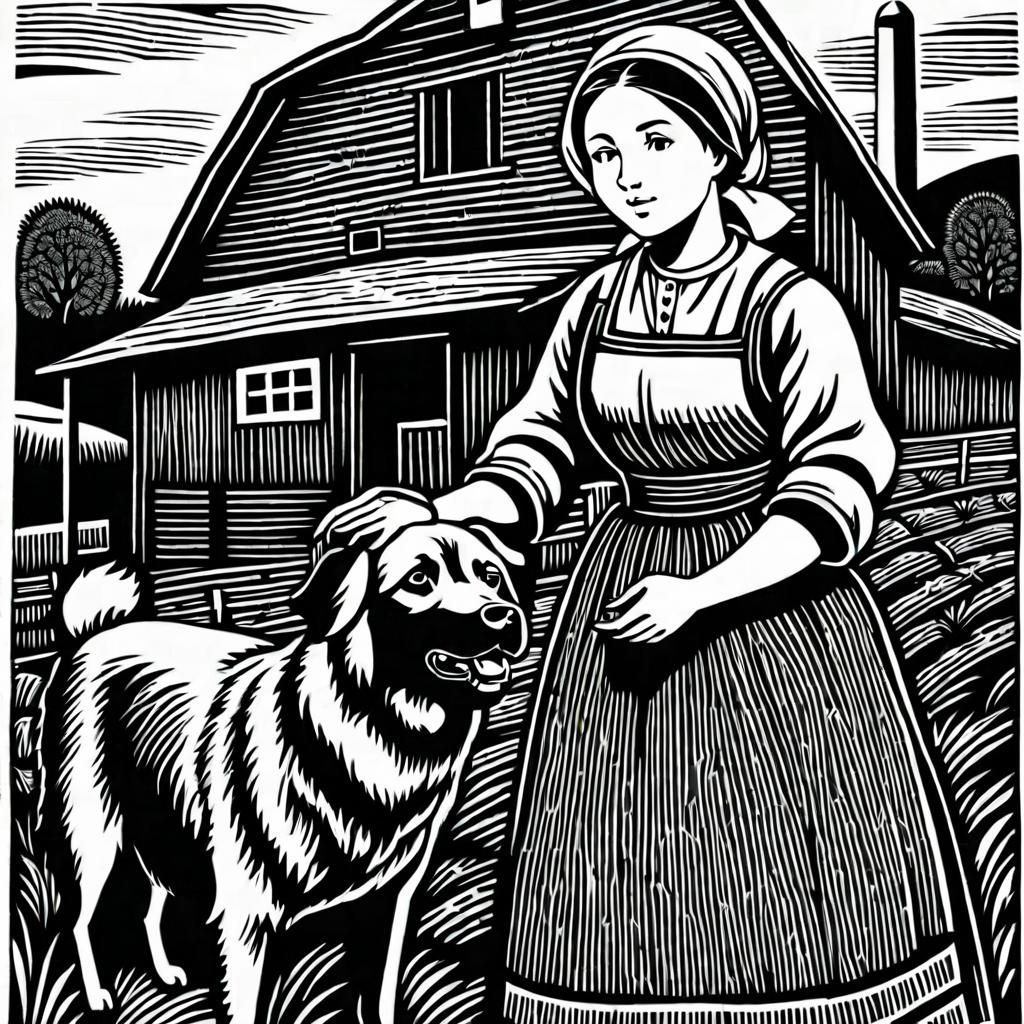 Peasant Woman and Dog in Woodcut Style