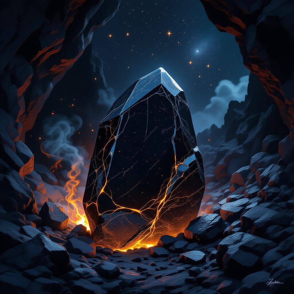 Obsidian Stone Glows in Volcanic Cavern