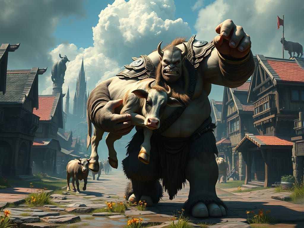 Ogre Stomping Through Town with Cow: Fantasy Art