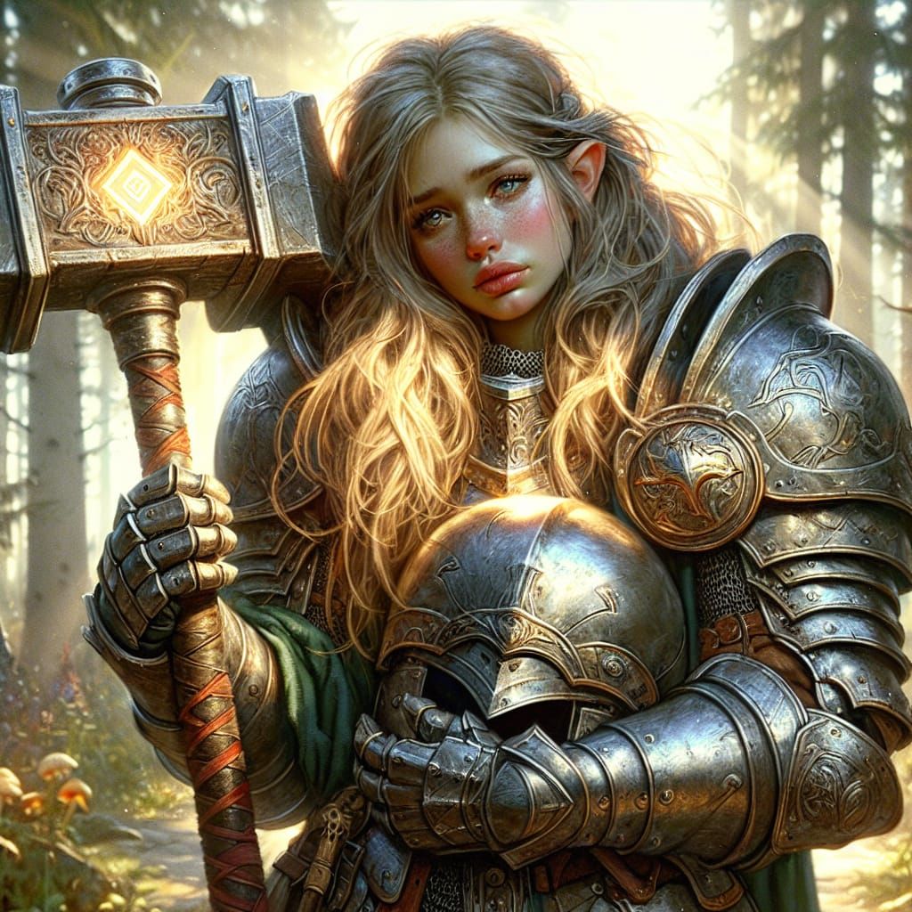 Bashful Elf Knight in Runed Armor: Digital Illustration