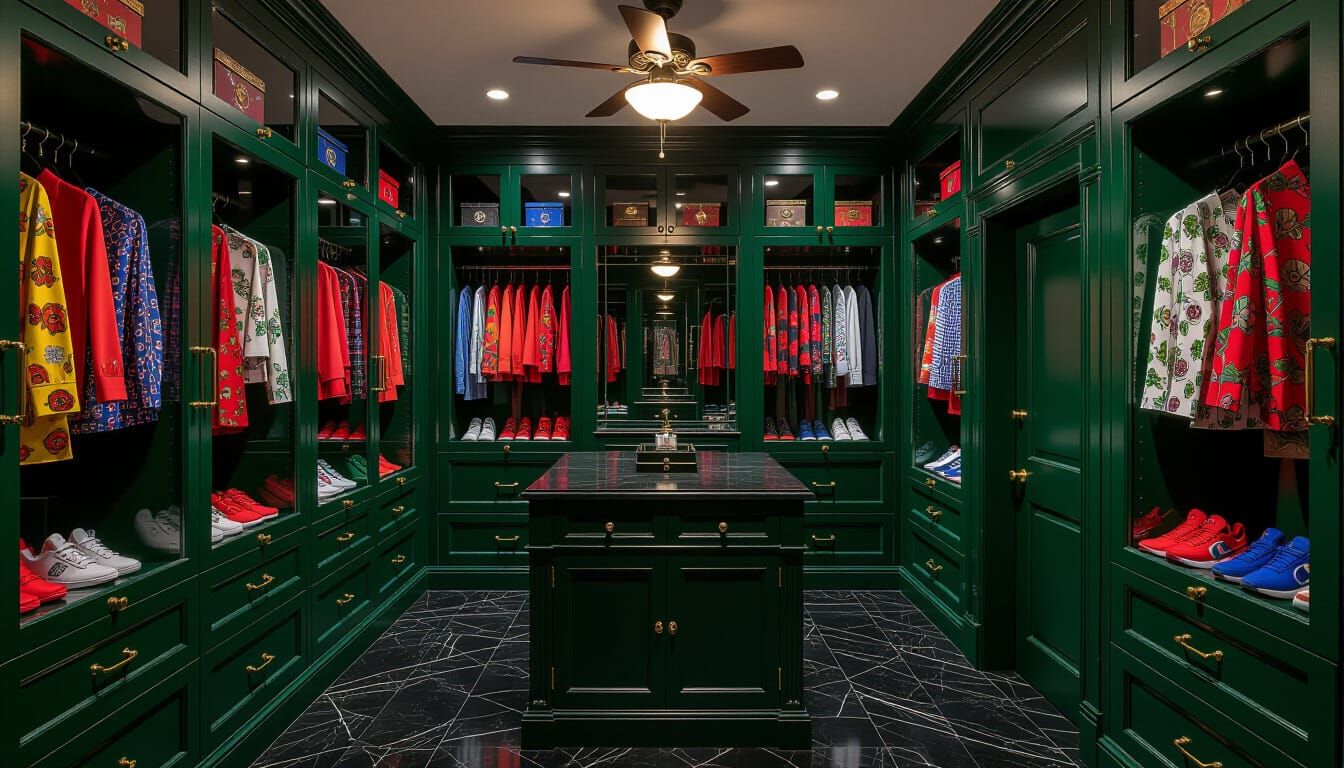 Victorian Walk-In Closet Room with Colorful Clothing Display