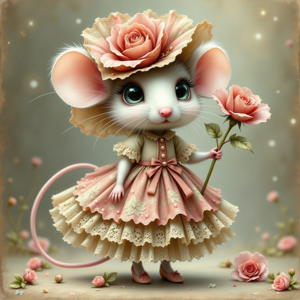 Whimsical Mouse in Rose Hat with Vintage Dress