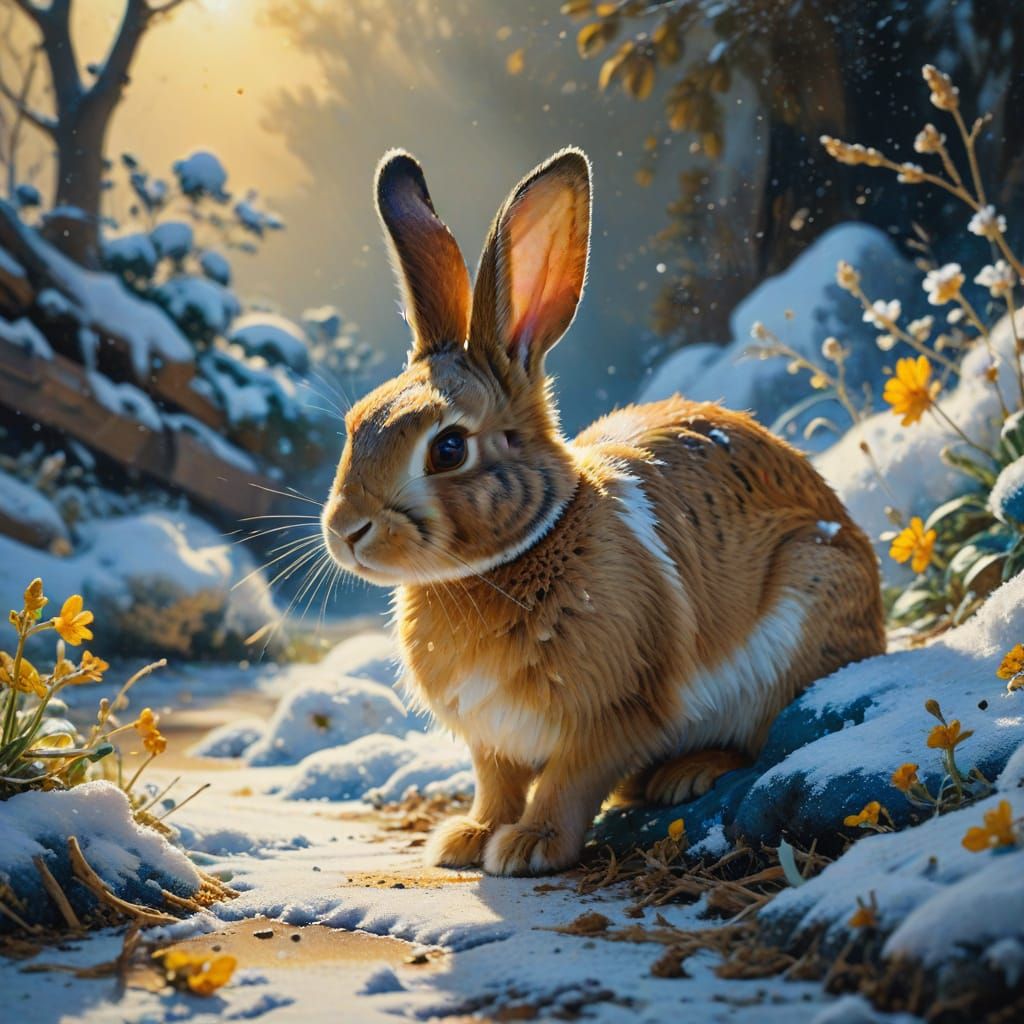 Vibrant Gouache Masterpiece: Drunk Rabbit in Snowy Wonderlan...