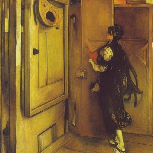 Mechanical Beast Guarding Doorway in Woodcut Style