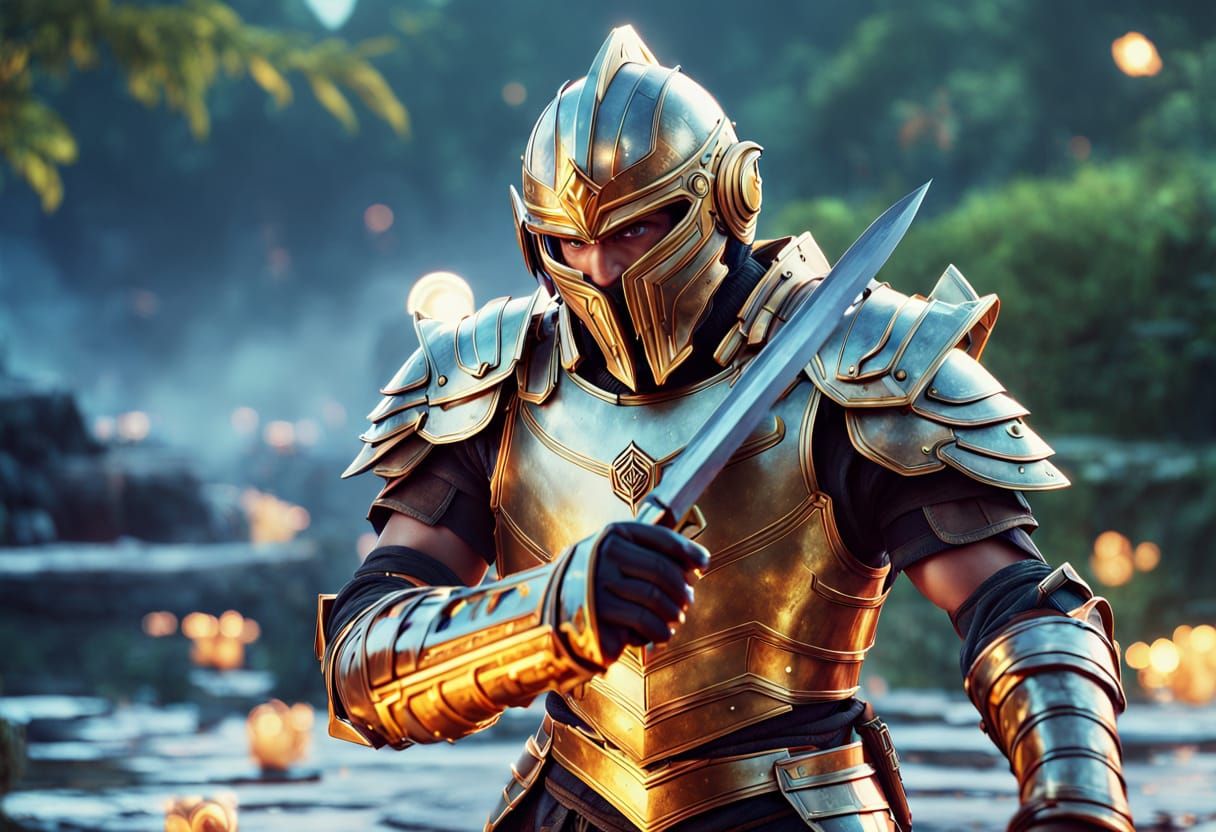 Fantasy Warrior in Golden Armor: Cinematic Digital Art