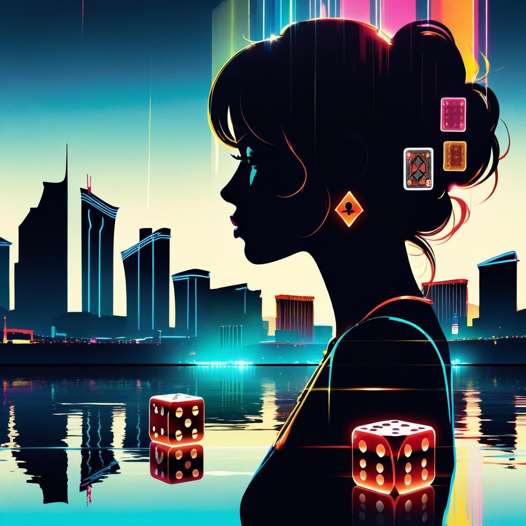 Las Vegas Double Exposure in Rough Watercolor Style