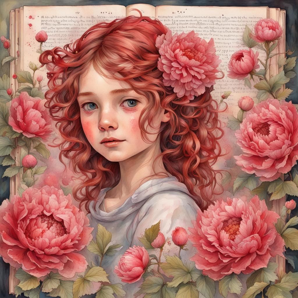 Floral Girl Portrait on Journal Page in Watercolor Style