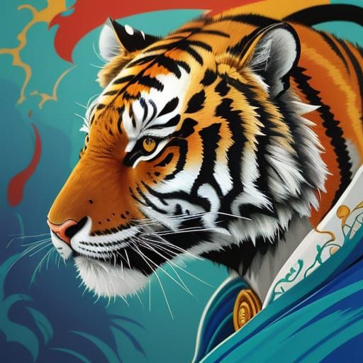Cartoon Tiger in Chinese Robes: Impasto Painting Style