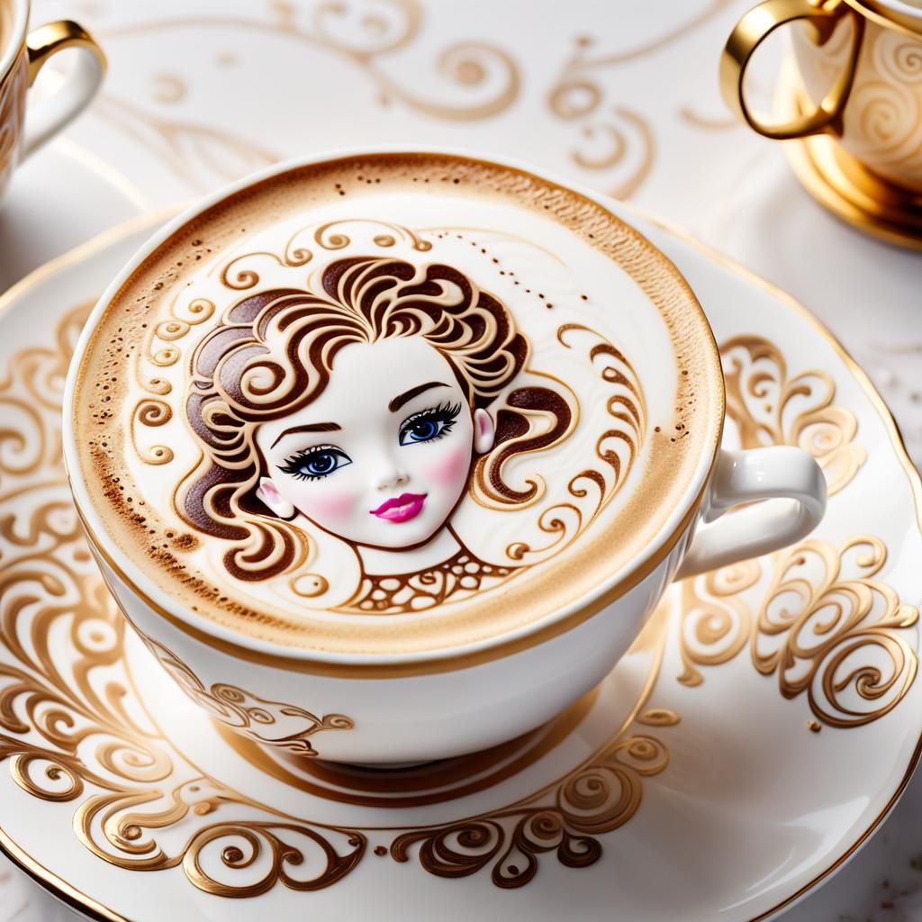 Barbie Latte Art in Porcelain Cup: Photorealistic Close-Up