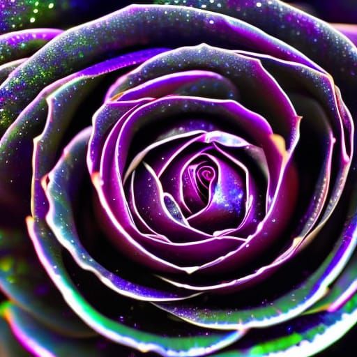 Sparkling dew iridescent deep obsidian rose glowing with int...