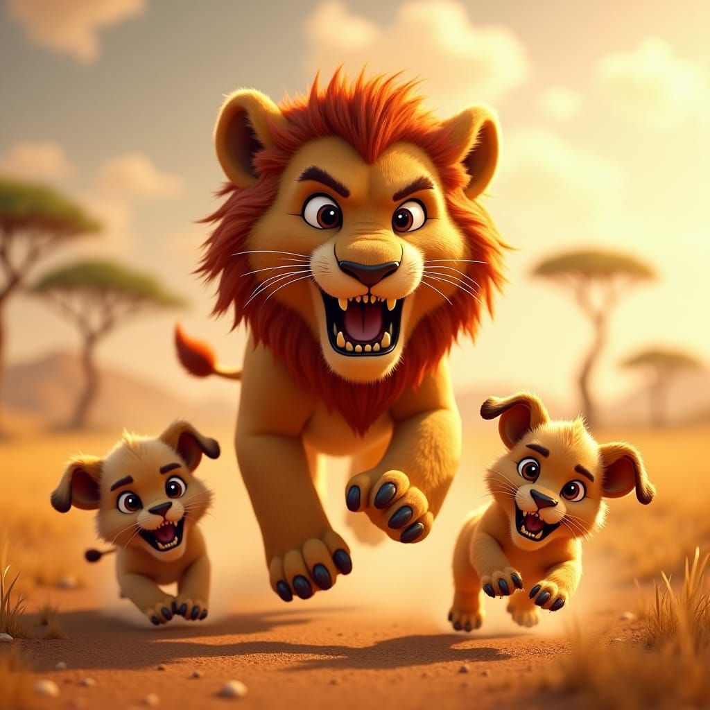 Lion's Savannah Showdown: A 3D Animated Render