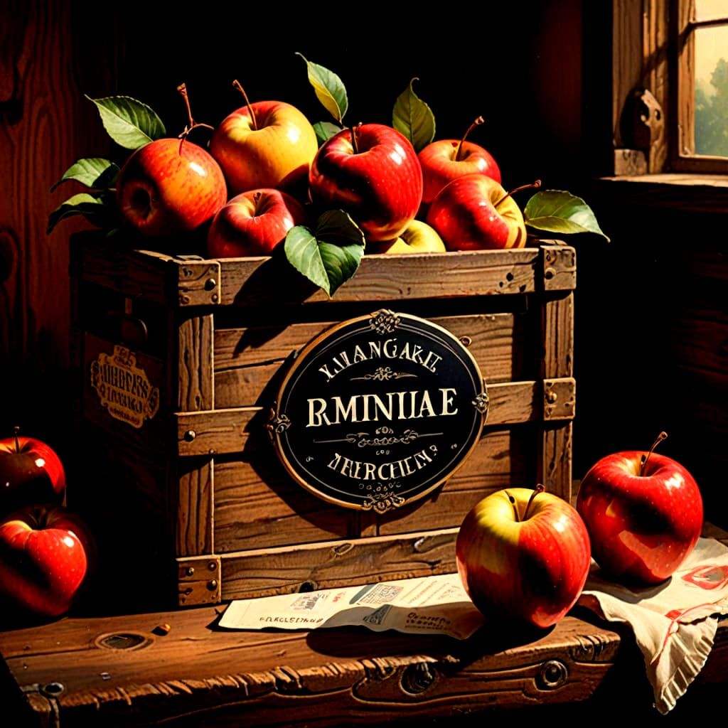 Retro European Apple Crate Painting in Watercolor Style