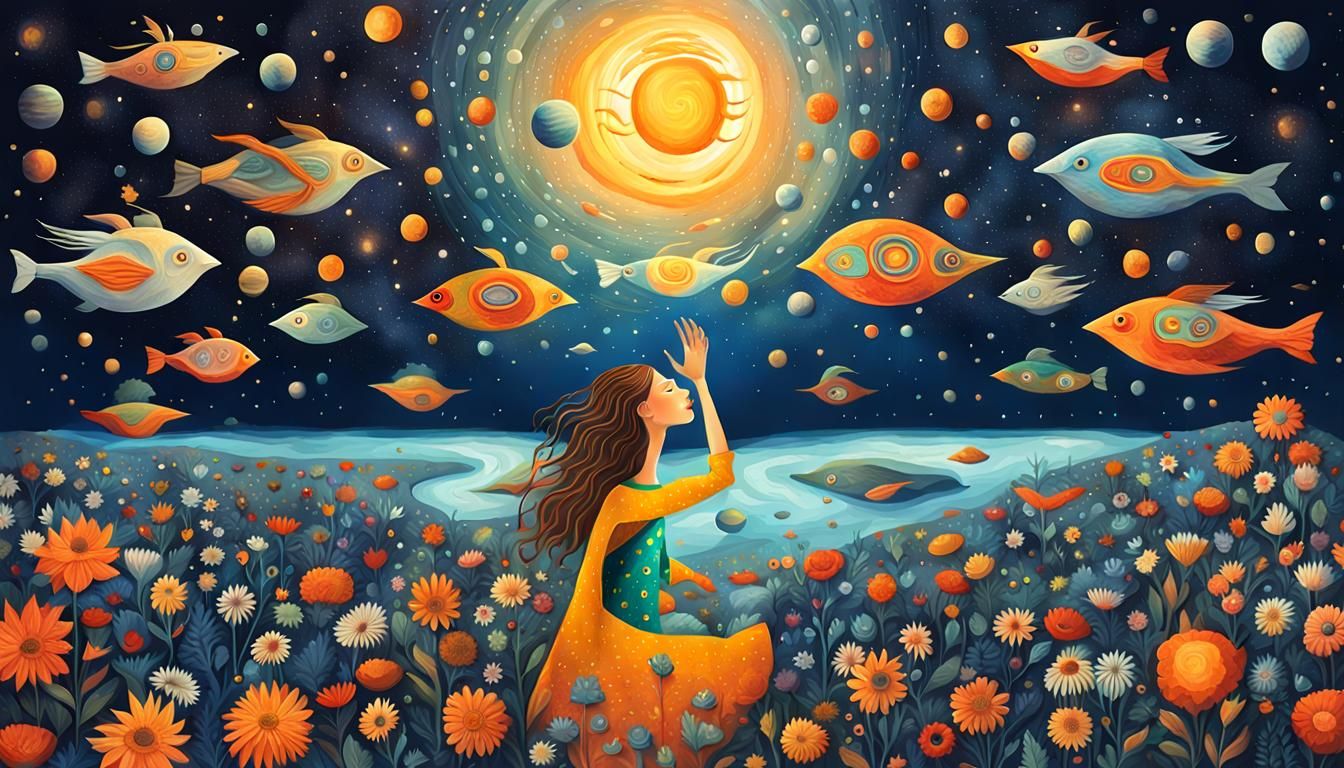Woman Holding Cosmos in Surreal Universe