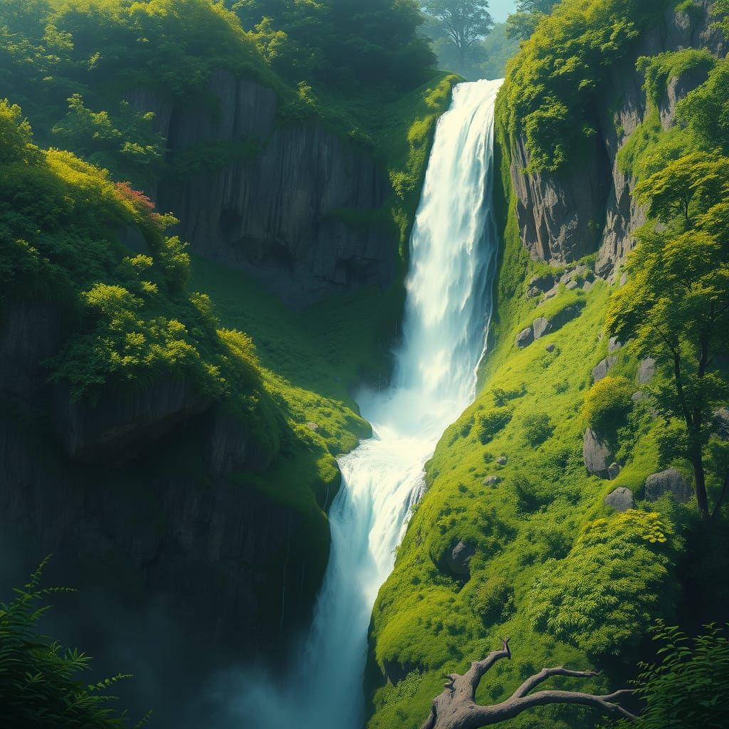 Lush Waterfall in Digital Painting Style