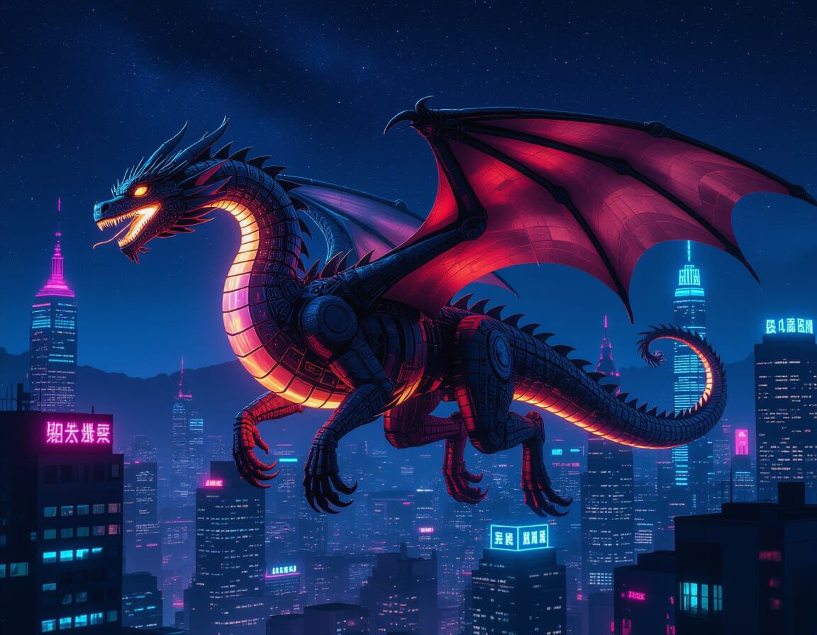 Cybernetic Dragon Soaring Through Neon Cityscape