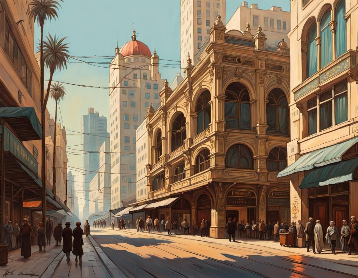 Tel Aviv Street View in Art Nouveau Style