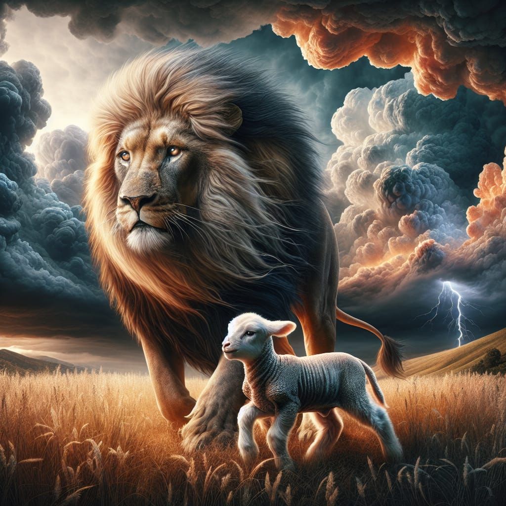Lion and Lamb in Stormy Meadow: Pre-1912 Art