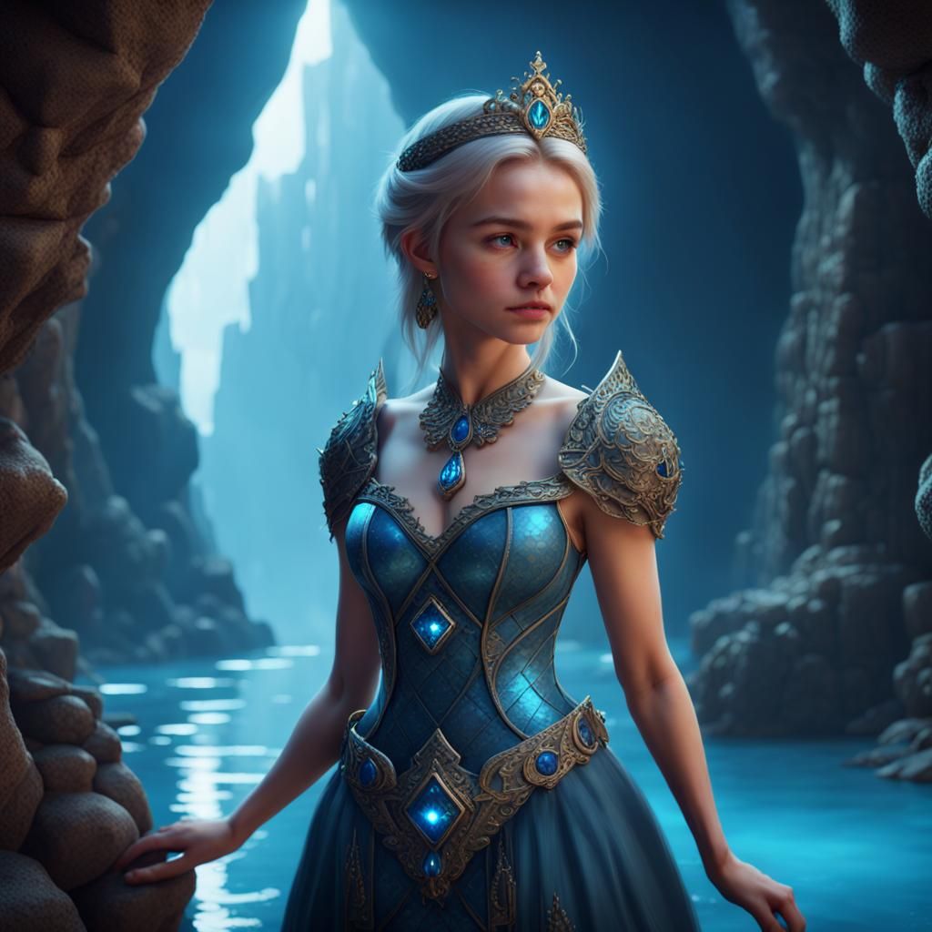 Princess in a Blue Diamond Cave: Fantasy Art
