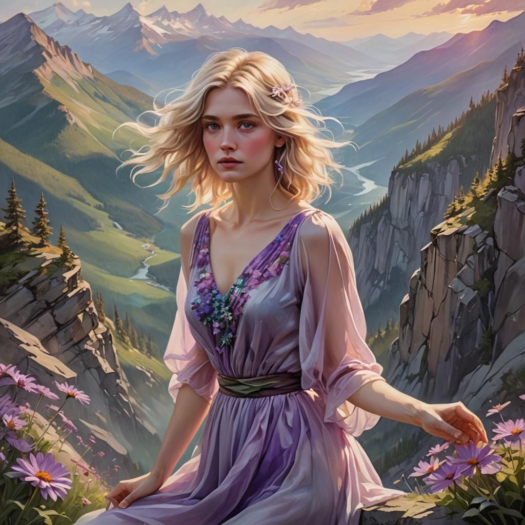 Woman with Daisy on Mountain, Oil Painting Style