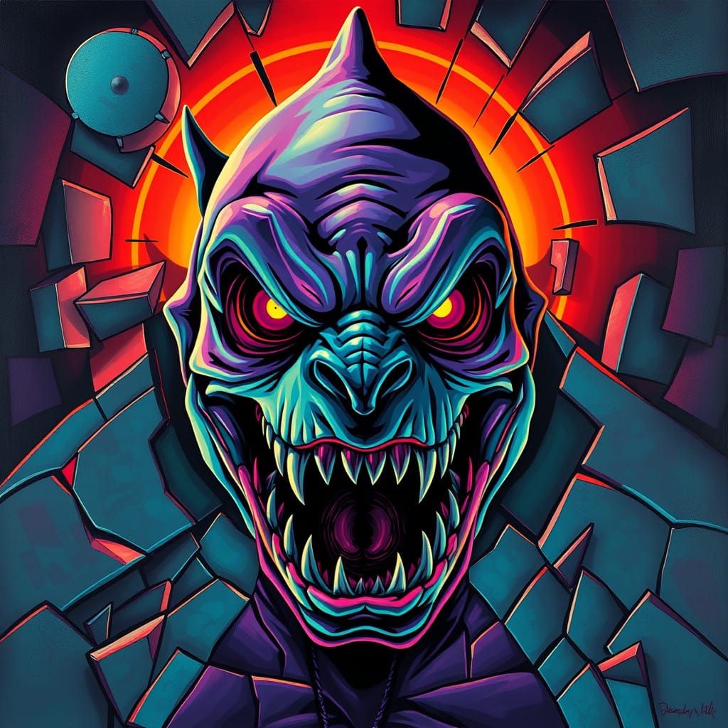 Cubist Alien Emerges from Shattered Realm in Neon-Lit, Cel-S...