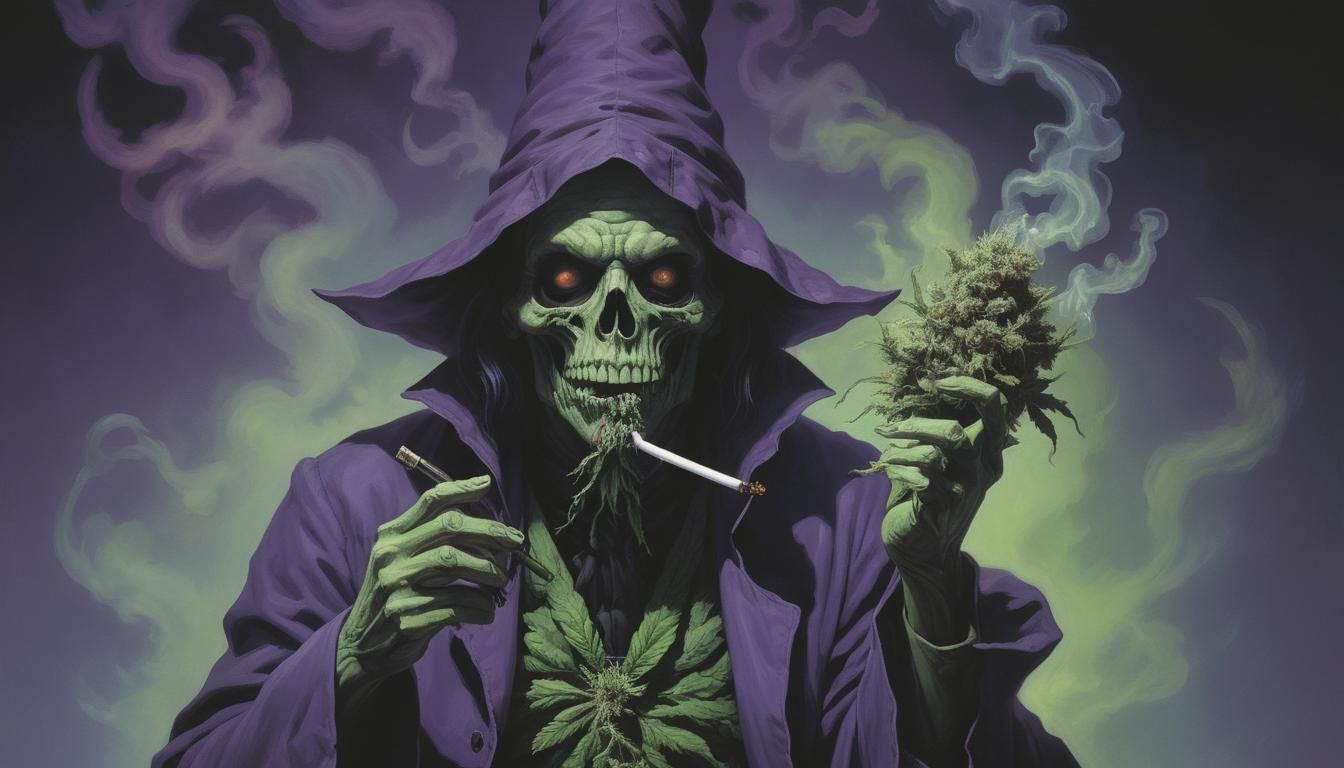 Art by Greg Rutkowski/Gerald Brom; cel-shaded/oil on canvas/thermal imaging/3DEXCITE;"Ultraviolet high (demonic cannabis...