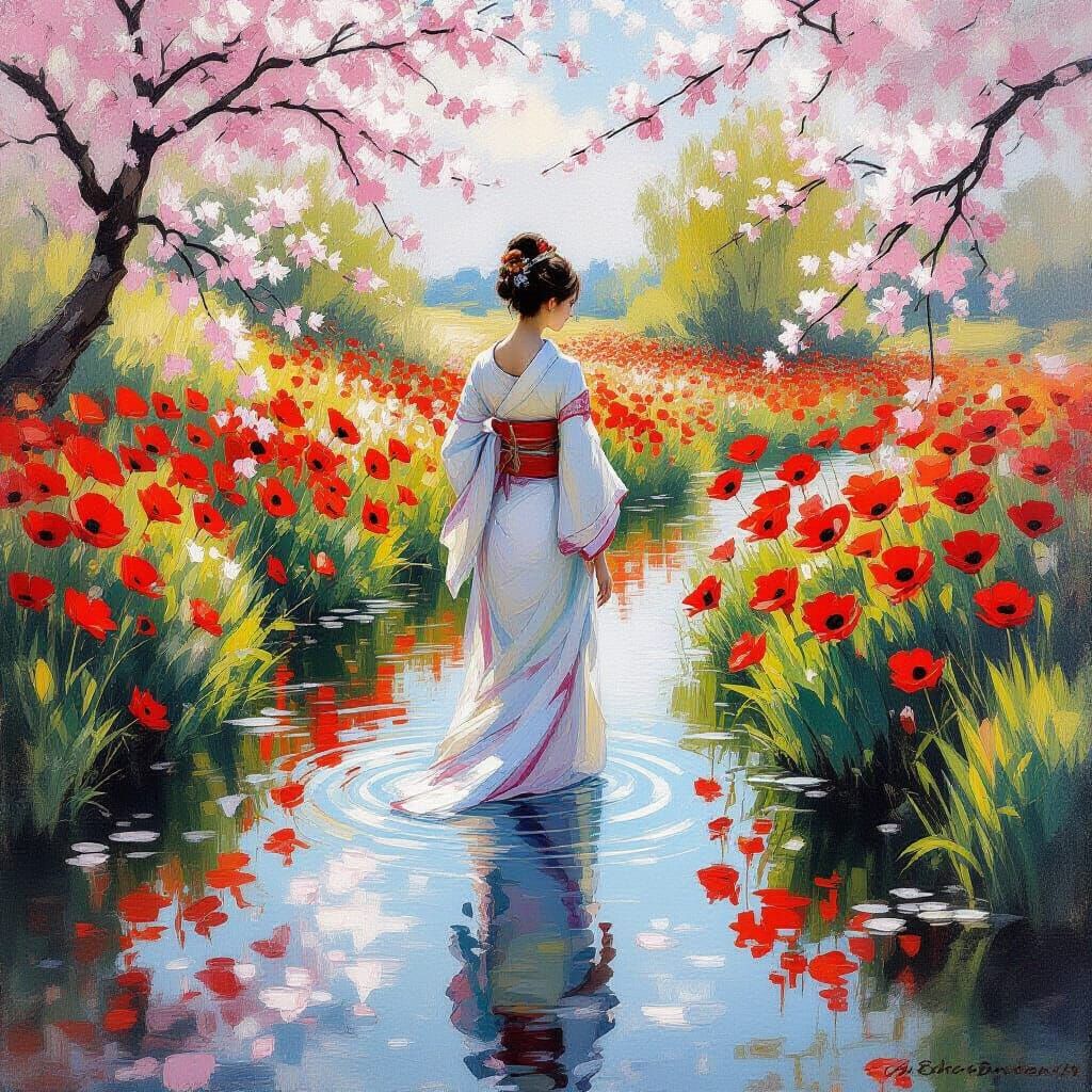 A solitary labubu stands gracefully amidst a field of vibrant red poppies, its reflection shimmering in a nearby pond. T...