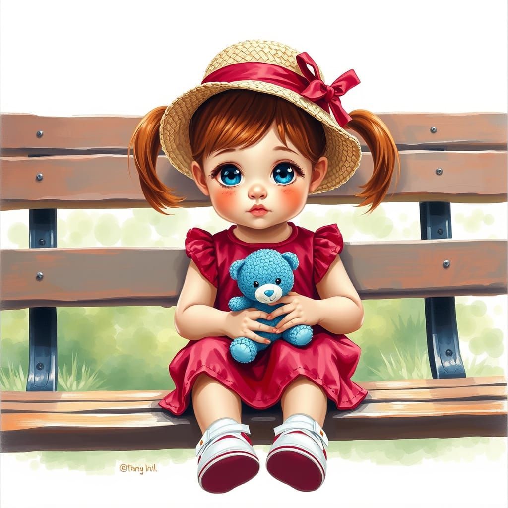 Girl with Teddy on Bench in Hyper-Realistic Style