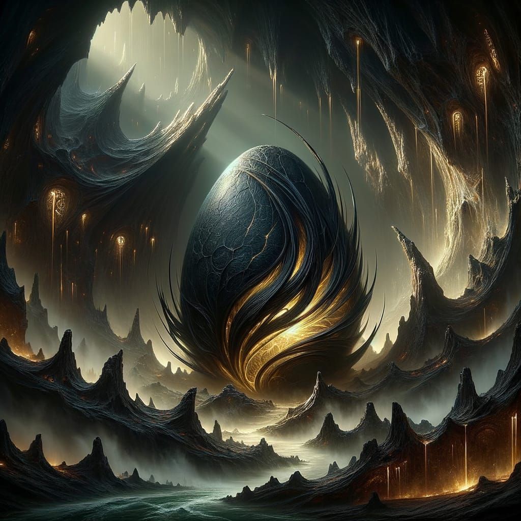 Dragon Egg in Obsidian Nest: Fantasy Illustration