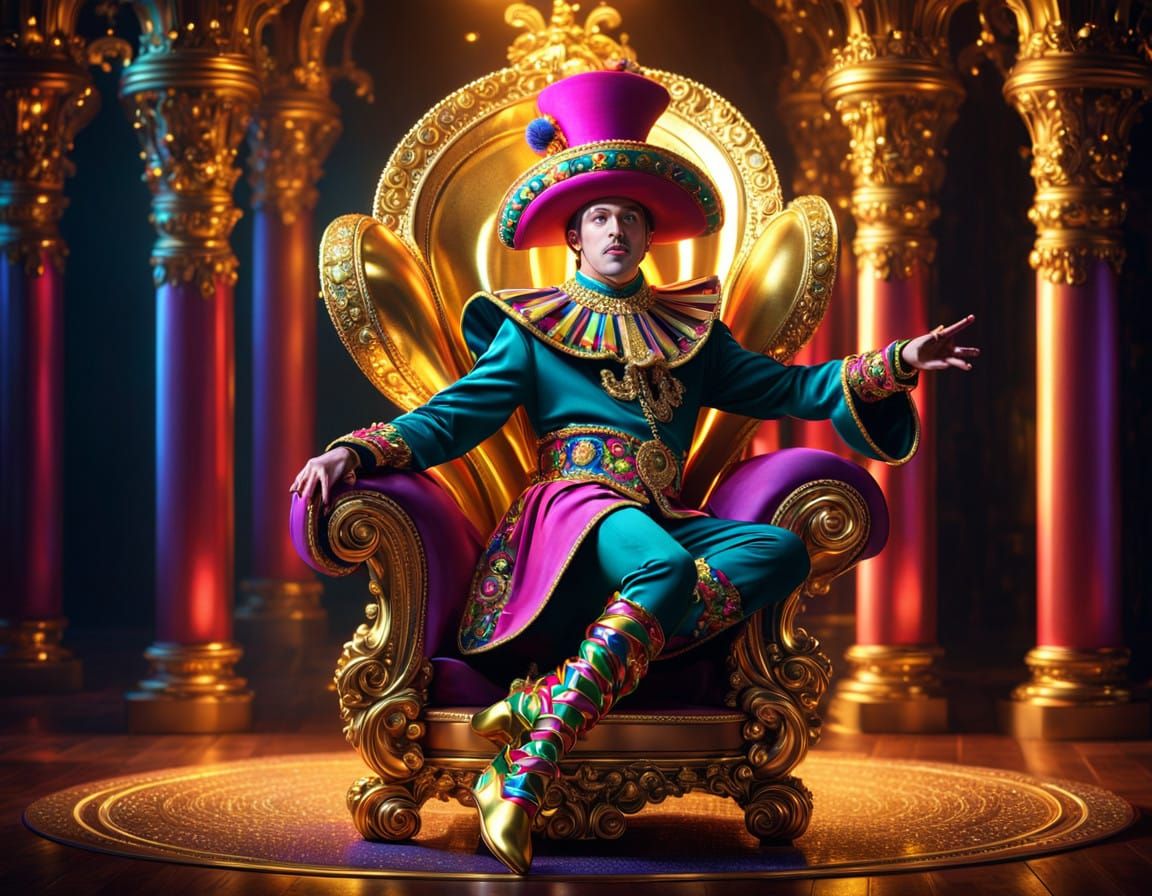 Court Jester Dances Before a Regal Ki G in a Golden Throne S...