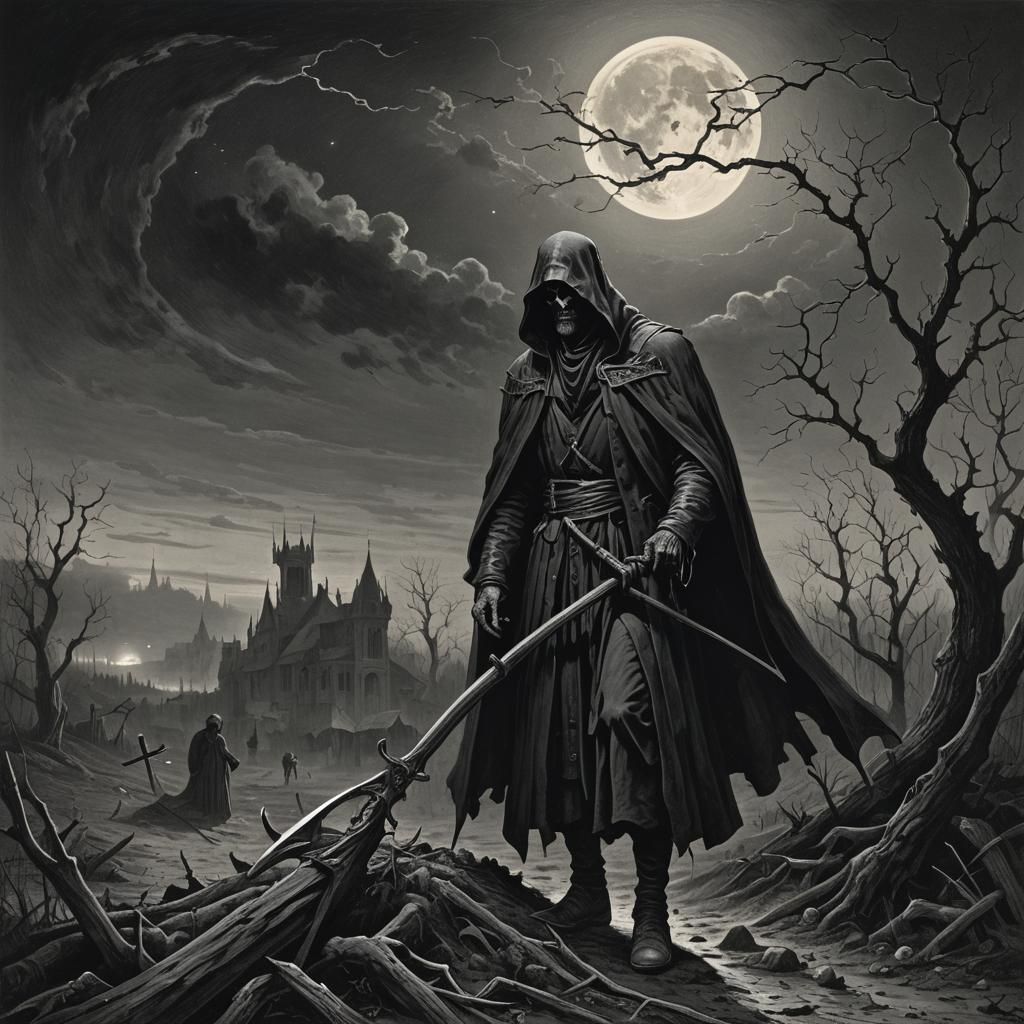 Midnight Undertaker with Scythe in Gothic Horror Style