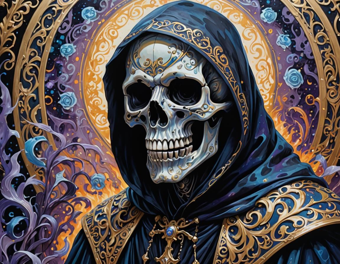 Grim Reaper Guides Souls: Gouache Fantasy Painting