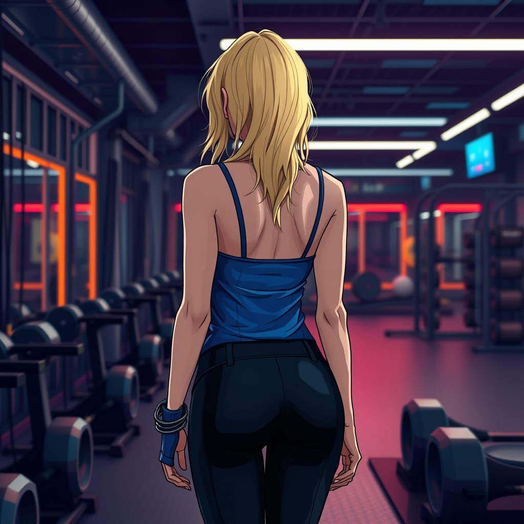 Gothic Woman in Gym, Futuristic Art Style