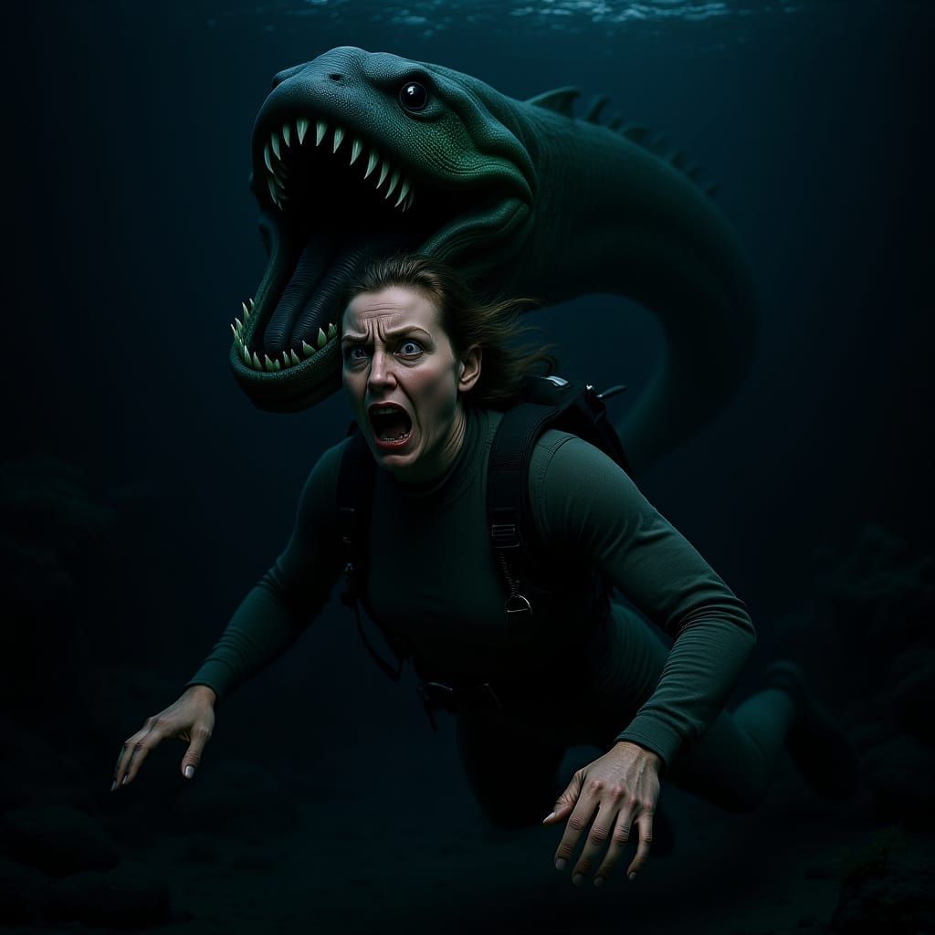 Scuba Diver Escaping Jormungandr in Dark Fantasy Ocean