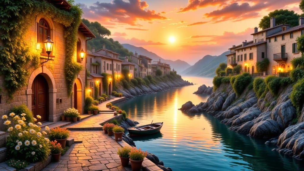 Idyllic Harbor at Sunset, Digital Painting
