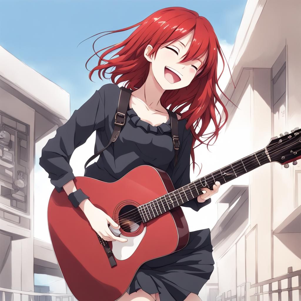 Anime Girl with Red Hair Playing Guitar