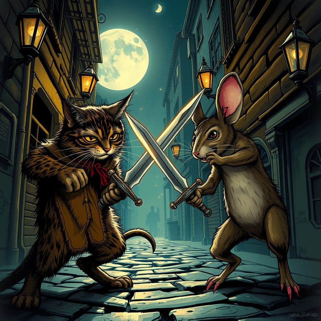 Elegant Foes Engage in High-Stakes Duel in a Moonlit Alleywa...