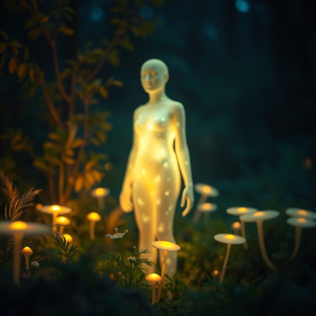 Glowing Human Surrounded by Ethereal Foliage and Mushrooms