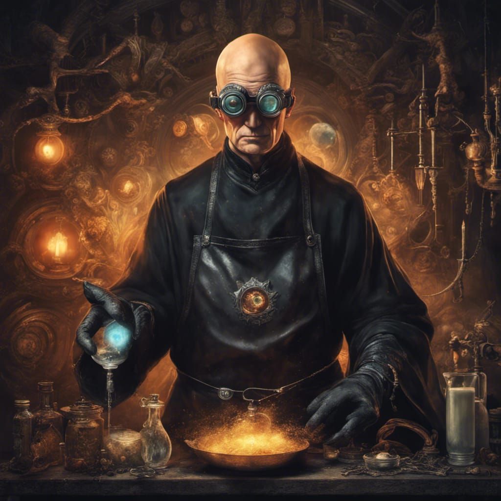 Creepy Bald Inventor-Alchemist in Detailed Matte Painting