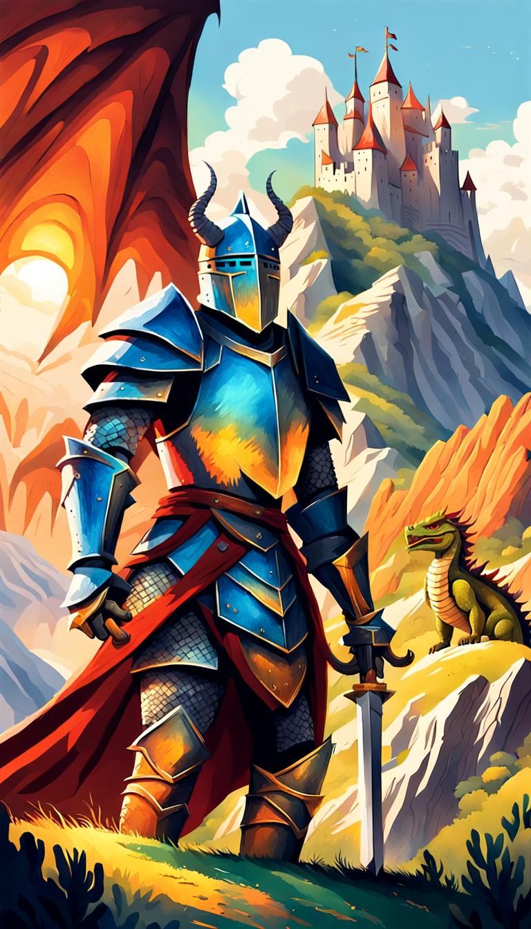 Knight and Dragon in Fantasy Landscape