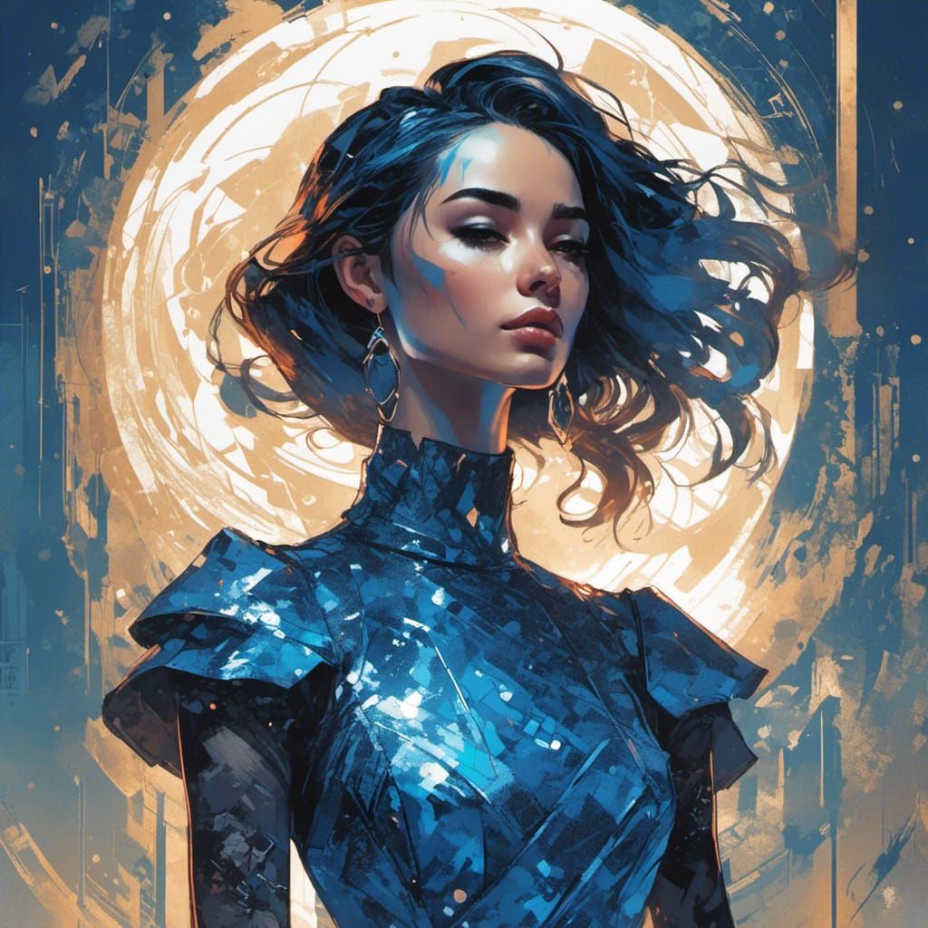 Glitchcore Portrait of Woman in Blue Dress